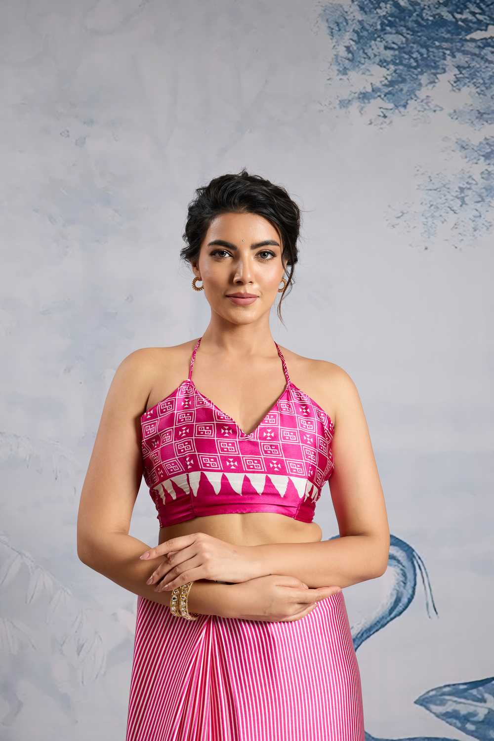 Aiko Pink Ajrakh Ajrakh Print Satin Ready to Wear One Minute Saree