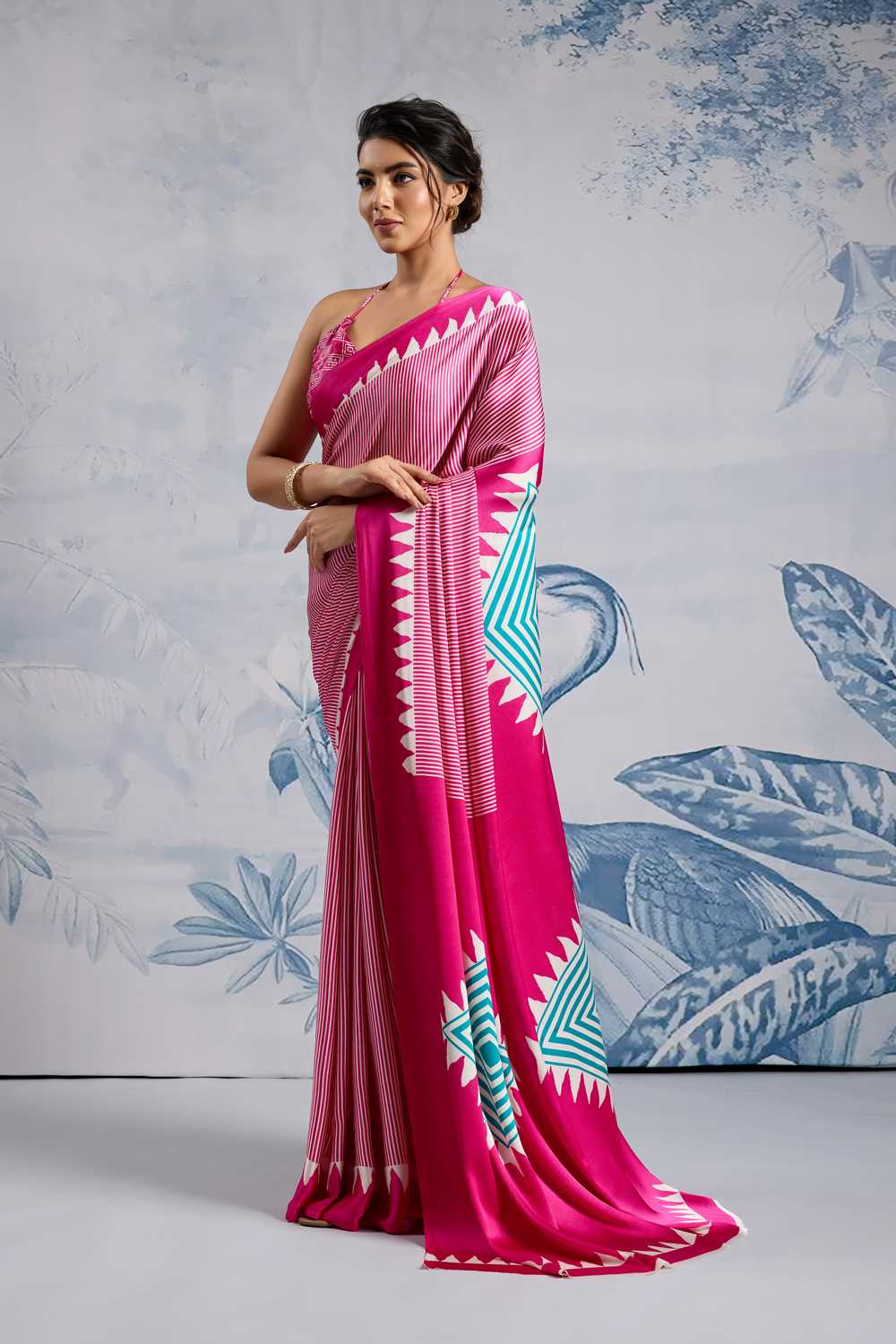 Aiko Pink Ajrakh Ajrakh Print Satin Ready to Wear One Minute Saree