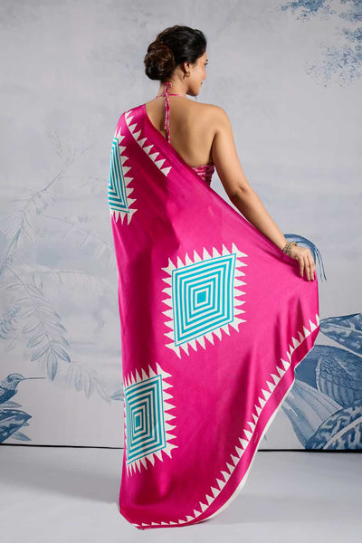 Aiko Pink Ajrakh Ajrakh Print Satin Ready to Wear One Minute Saree