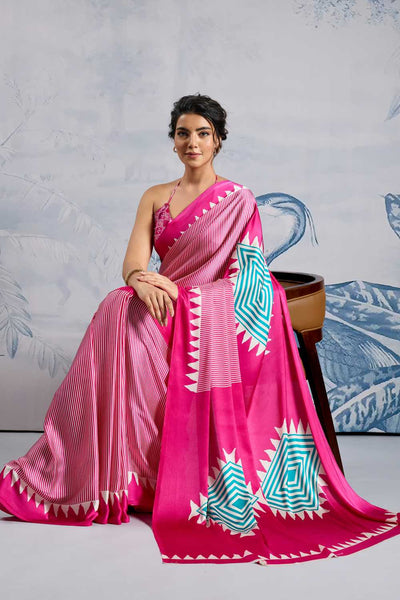 Aiko Pink Ajrakh Ajrakh Print Satin Ready to Wear One Minute Saree