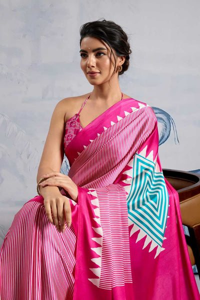 Aiko Pink Ajrakh Ajrakh Print Satin Ready to Wear One Minute Saree