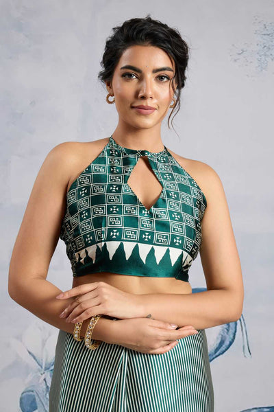 Aiko Dark Green Ajrakh Ajrakh Print Satin Ready to Wear One Minute Saree