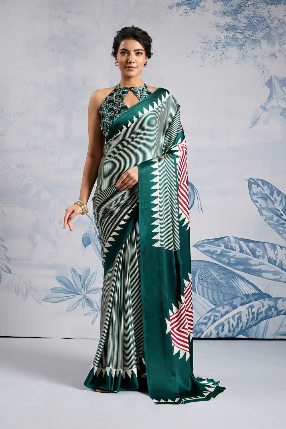 Aiko Dark Green Ajrakh Ajrakh Print Satin Ready to Wear One Minute Saree
