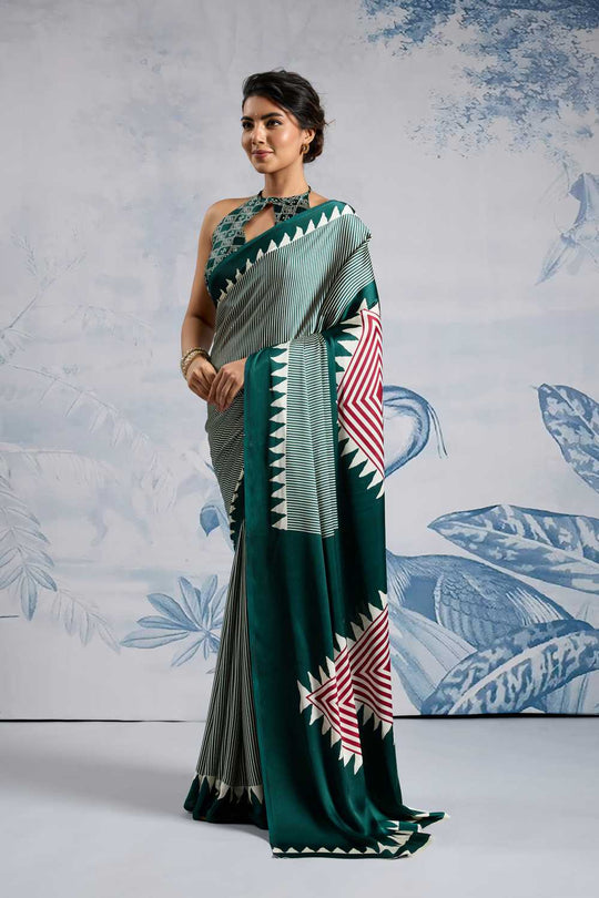 Aiko Dark Green Ajrakh Print Satin Ready to Wear One Minute Saree