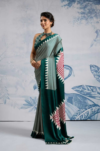 Aiko Dark Green Ajrakh Ajrakh Print Satin Ready to Wear One Minute Saree