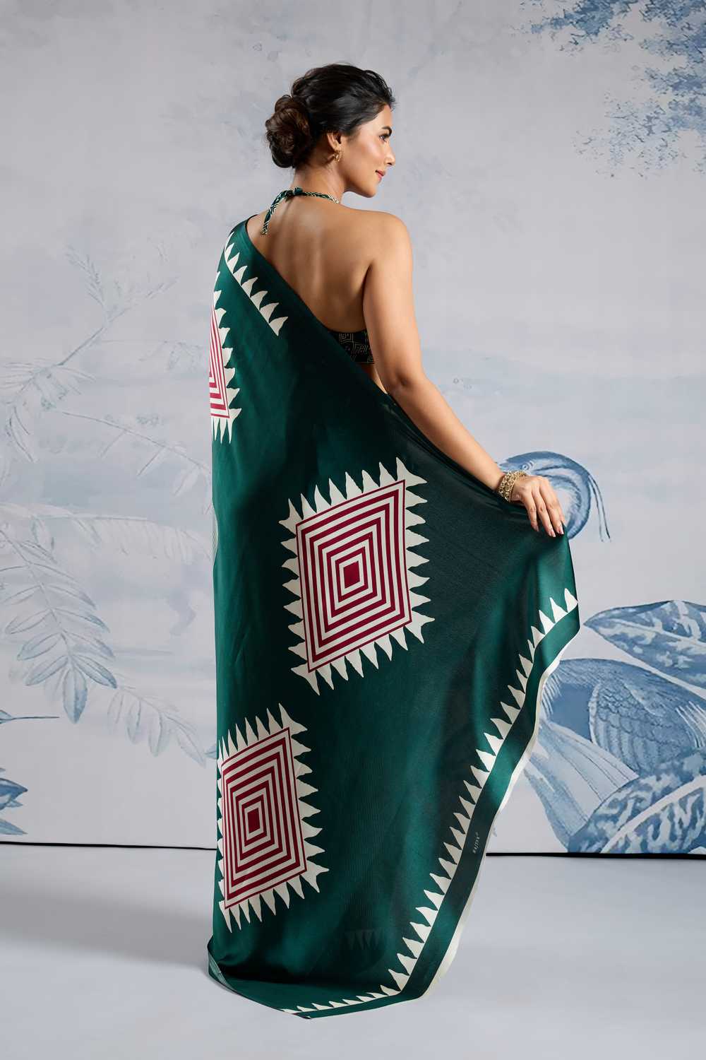 Aiko Dark Green Ajrakh Ajrakh Print Satin Ready to Wear One Minute Saree