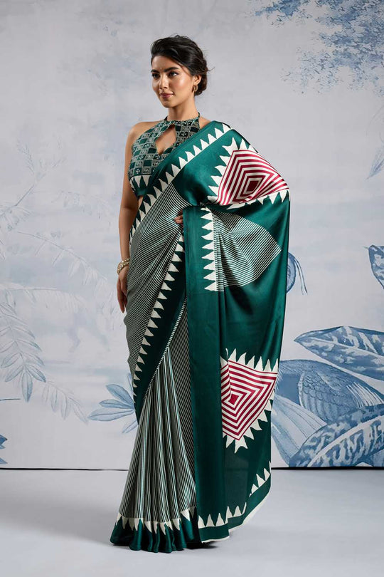Aiko Dark Green Ajrakh Print Satin Ready to Wear One Minute Saree