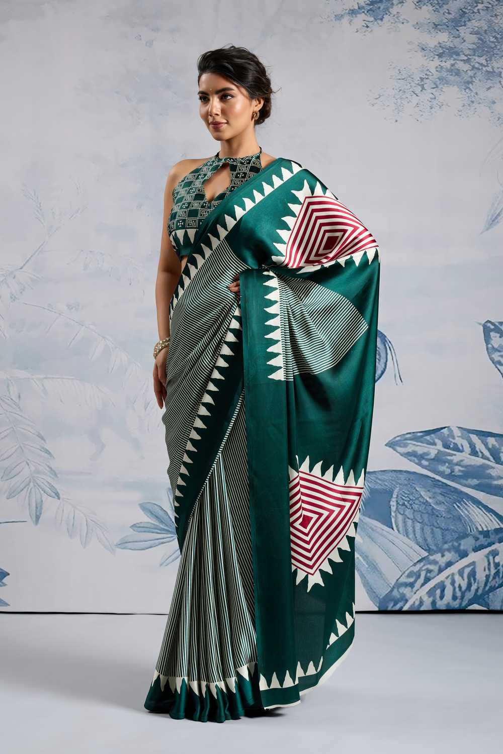 Aiko Dark Green Ajrakh Ajrakh Print Satin Ready to Wear One Minute Saree