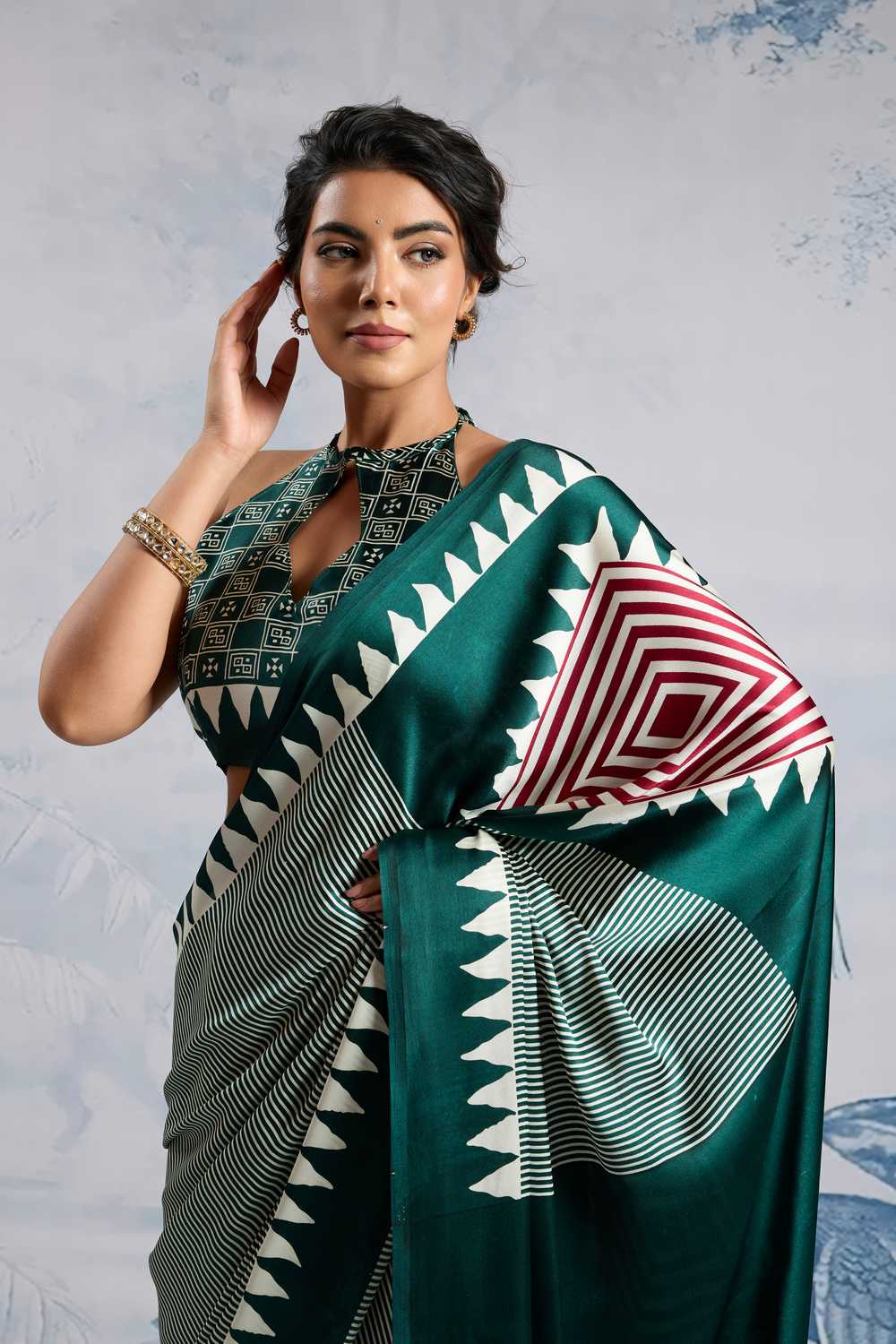 Aiko Dark Green Ajrakh Ajrakh Print Satin Ready to Wear One Minute Saree