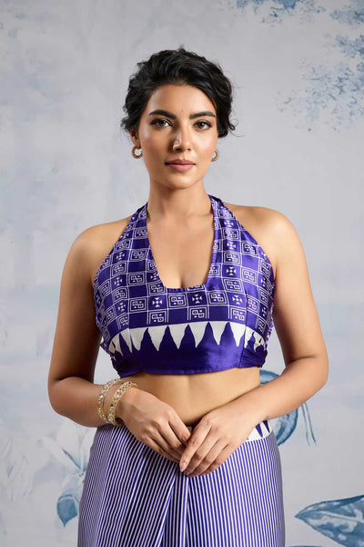 Aiko Royal Blue Ajrakh Ajrakh Print Satin Ready to Wear One Minute Saree