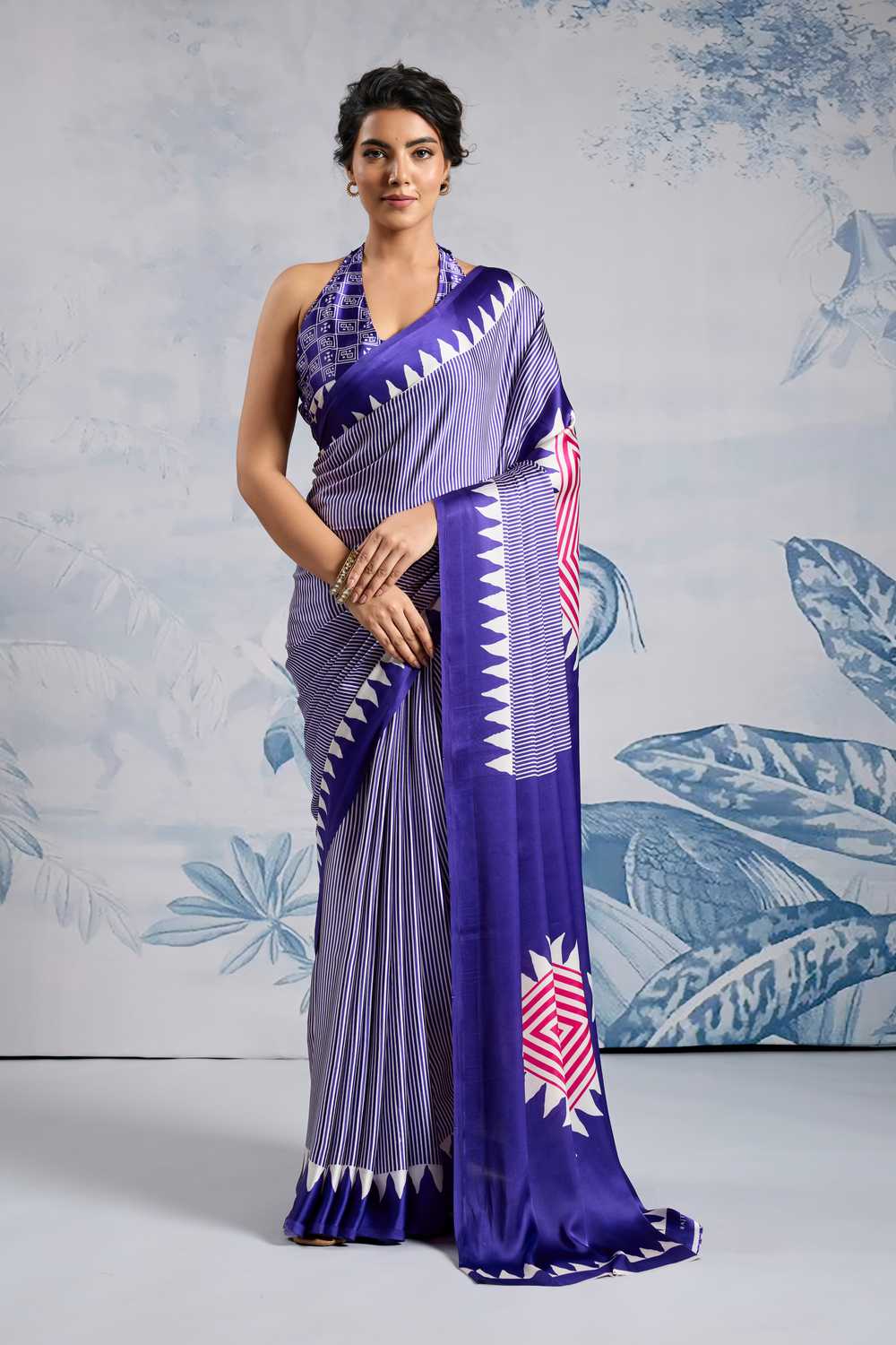 Aiko Royal Blue Ajrakh Ajrakh Print Satin Ready to Wear One Minute Saree