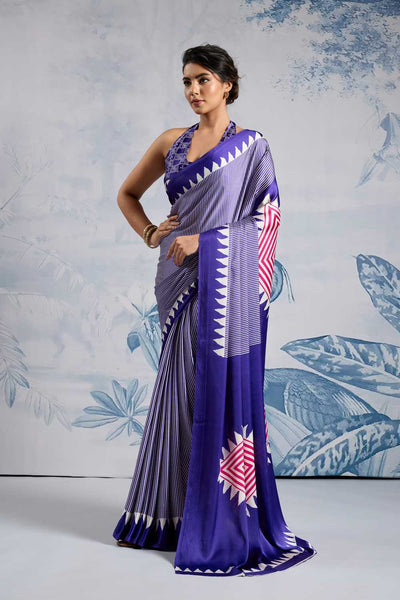 Aiko Royal Blue Ajrakh Ajrakh Print Satin Ready to Wear One Minute Saree