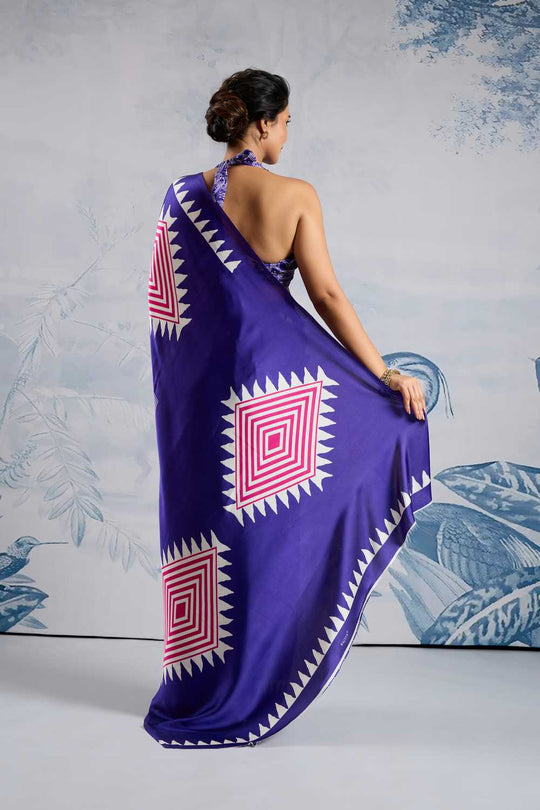 Aiko Royal Blue Ajrakh Print Satin Ready to Wear One Minute Saree