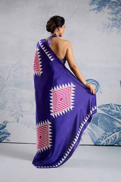 Aiko Royal Blue Ajrakh Ajrakh Print Satin Ready to Wear One Minute Saree