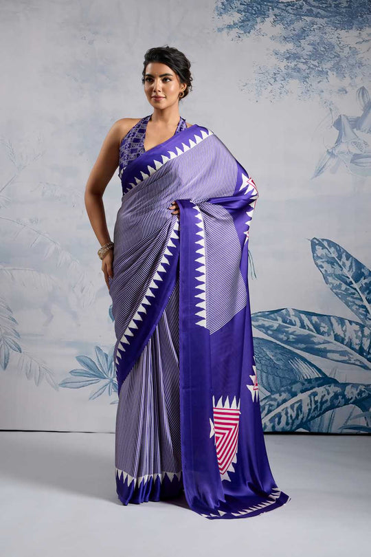 Aiko Royal Blue Ajrakh Print Satin Ready to Wear One Minute Saree