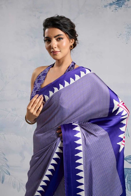 Aiko Royal Blue Ajrakh Print Satin Ready to Wear One Minute Saree
