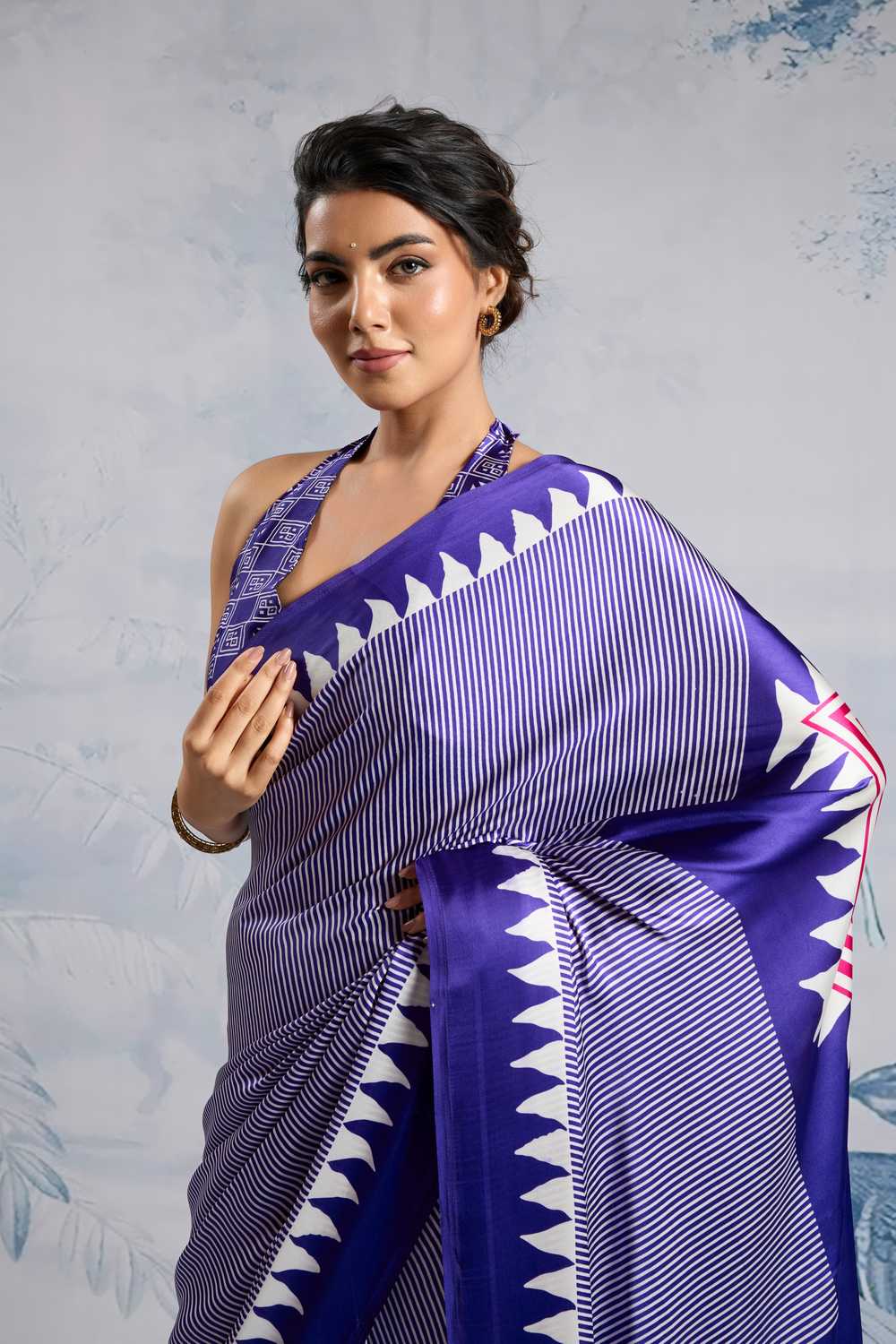 Aiko Royal Blue Ajrakh Ajrakh Print Satin Ready to Wear One Minute Saree