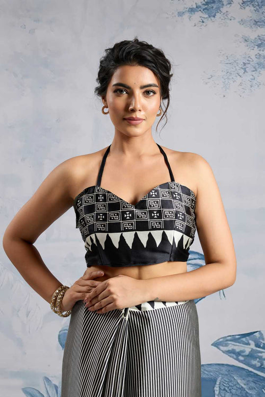 Aiko Black Ajrakh Print Satin Ready to Wear One Minute Saree