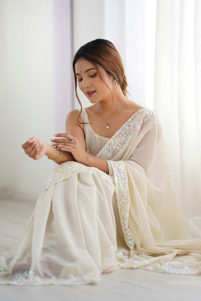 Isaha Ivory Georgette Saree with Sequins Embellished Border Ready to Wear One Minute Saree