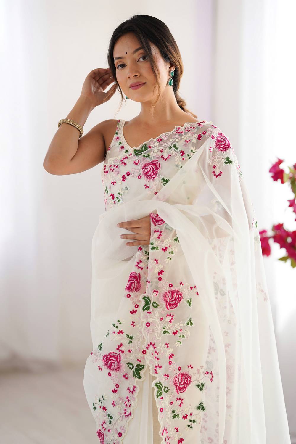 Trina White Twill Net Floral Embroidered Border Ready to Wear One Minute Saree
