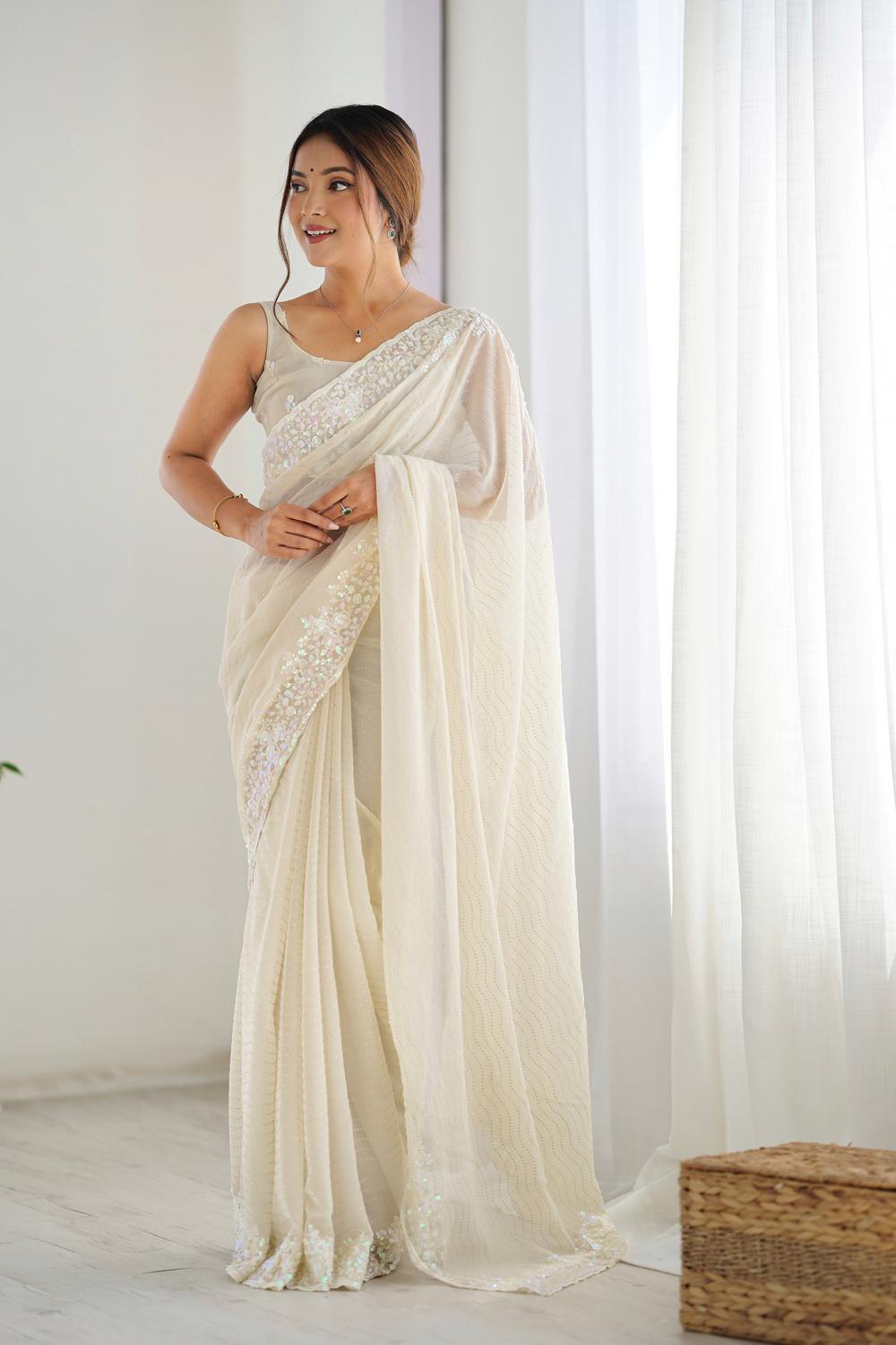 Isaha Ivory Georgette Saree with Sequins Embellished Border Ready to Wear One Minute Saree