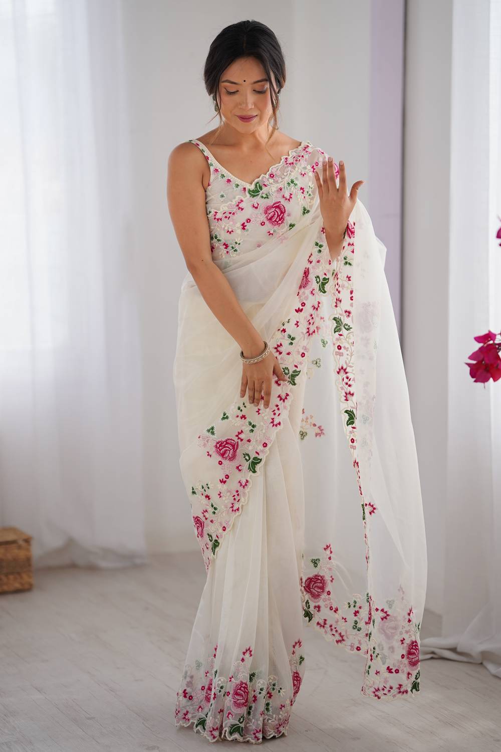 Trina White Twill Net Floral Embroidered Border Ready to Wear One Minute Saree
