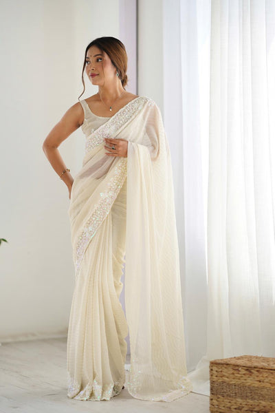 Isaha Ivory Georgette Saree with Sequins Embellished Border Ready to Wear One Minute Saree