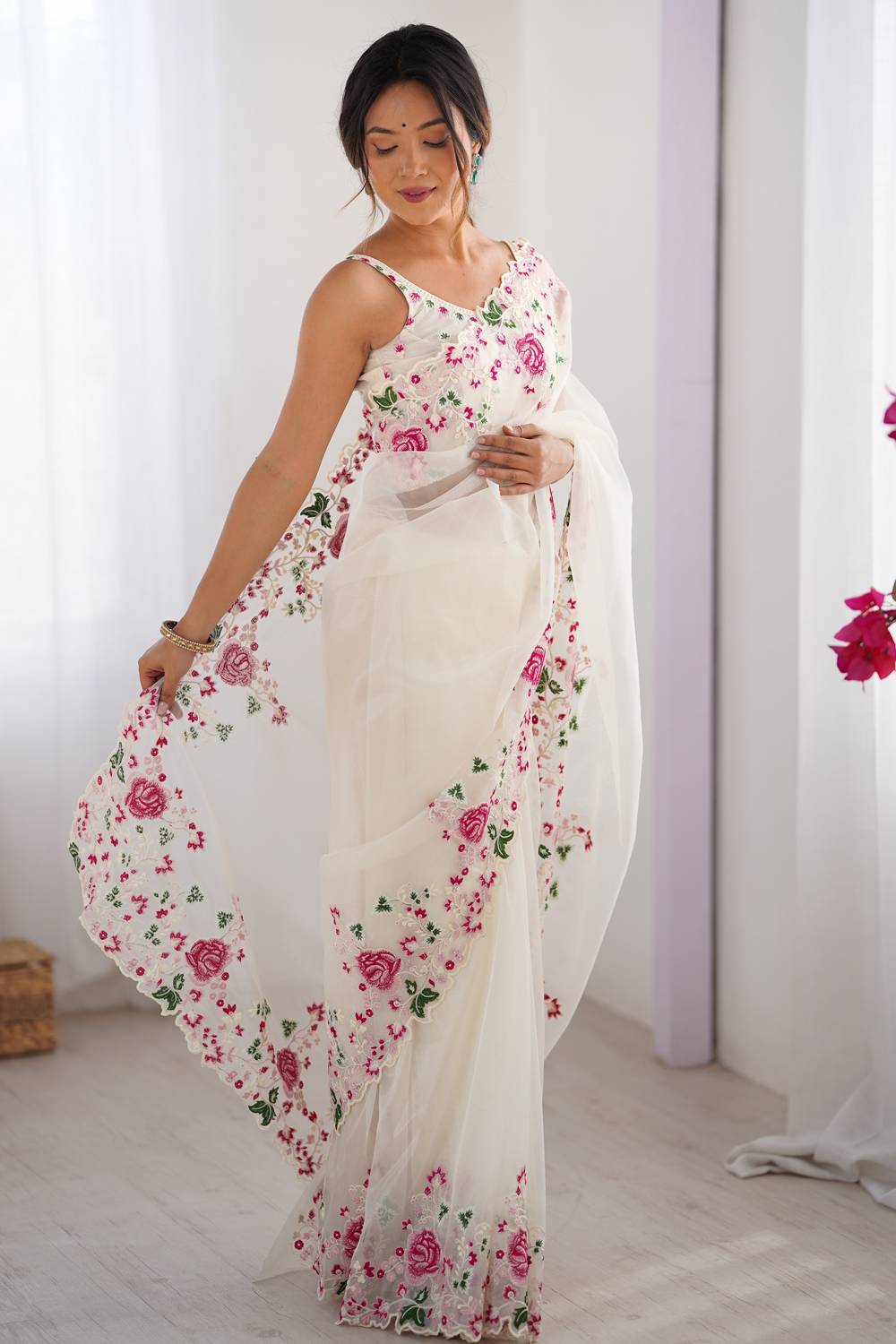 Trina White Twill Net Floral Embroidered Border Ready to Wear One Minute Saree