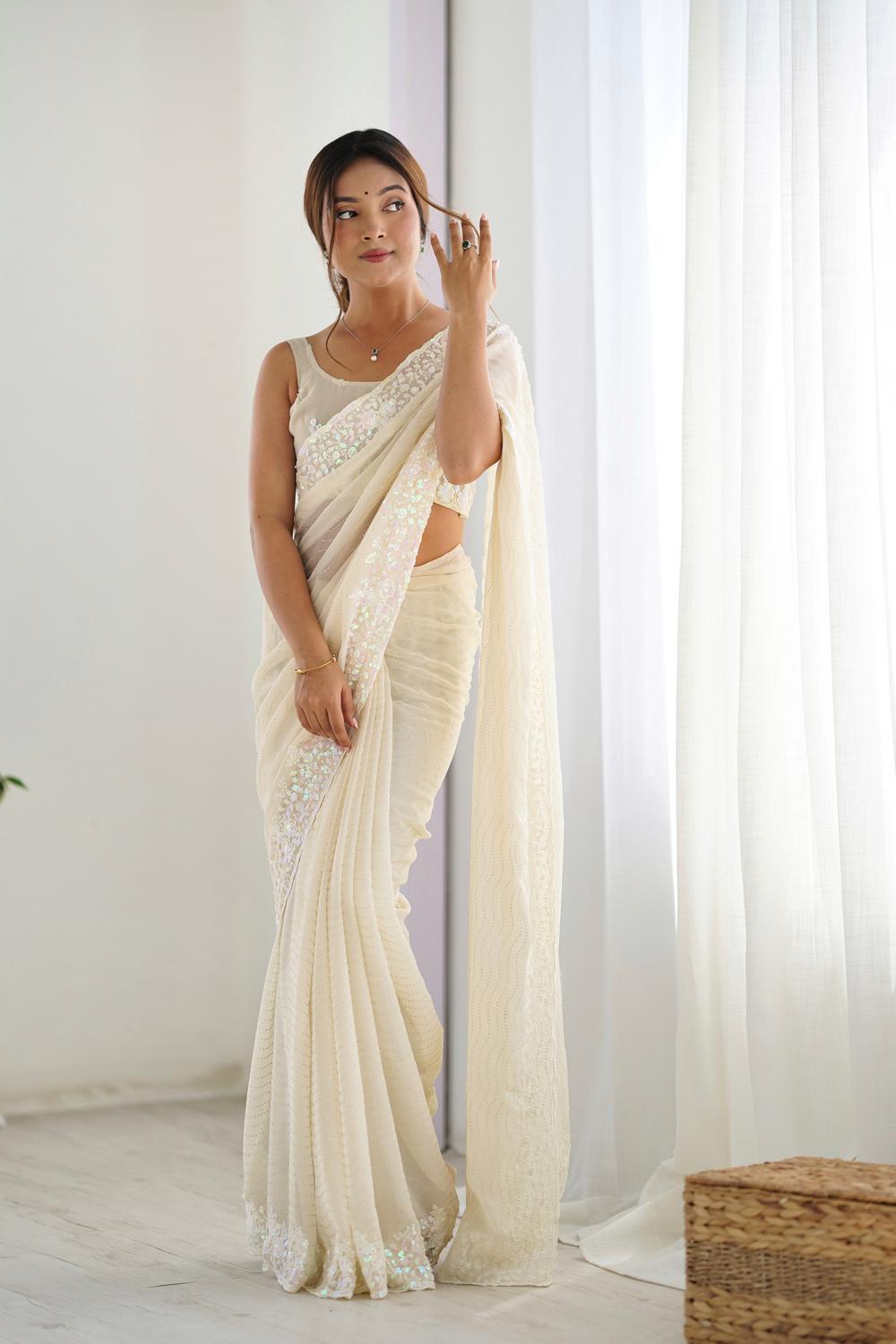 Isaha Ivory Georgette Saree with Sequins Embellished Border Ready to Wear One Minute Saree