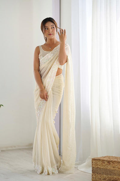 Isaha Ivory Georgette Saree with Sequins Embellished Border Ready to Wear One Minute Saree