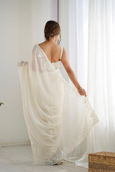 Isaha Ivory Georgette Saree with Sequins Embellished Border Ready to Wear One Minute Saree