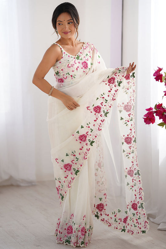 Trina White Twill Net Floral Embroidered Border Ready to Wear One Minute Saree
