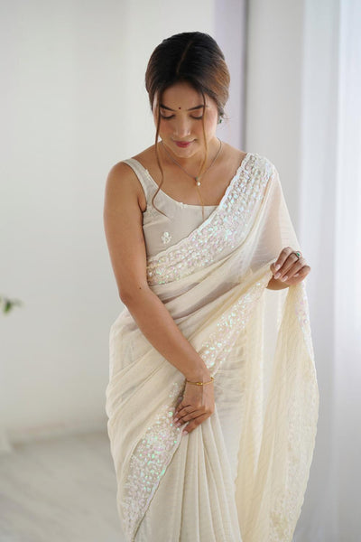 Isaha Ivory Georgette Saree with Sequins Embellished Border Ready to Wear One Minute Saree