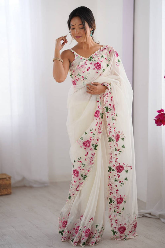 Trina White Twill Net Floral Embroidered Border Ready to Wear One Minute Saree