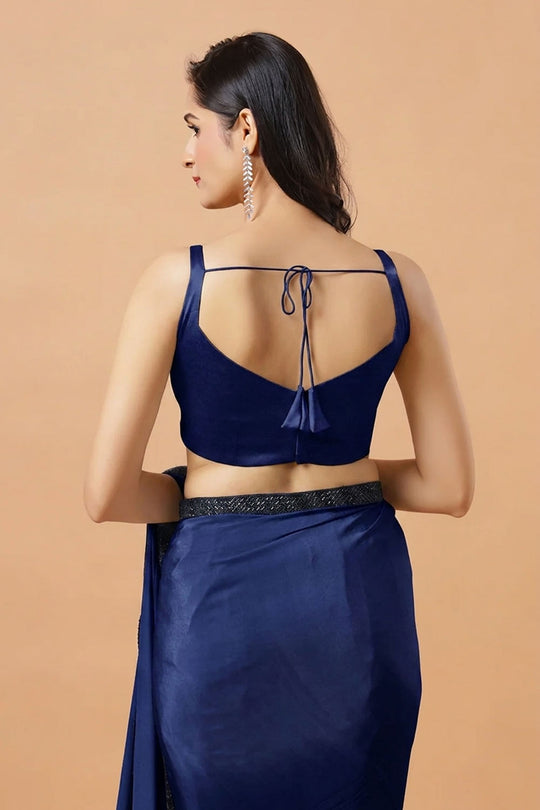 Carly Dark Blue Pentagon Neck Sleeveless Satin Comfort Stretch™ Blouse