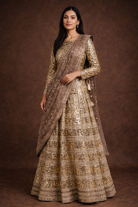Gold Sequin Tradional Ready To Wear Lehenga Saree