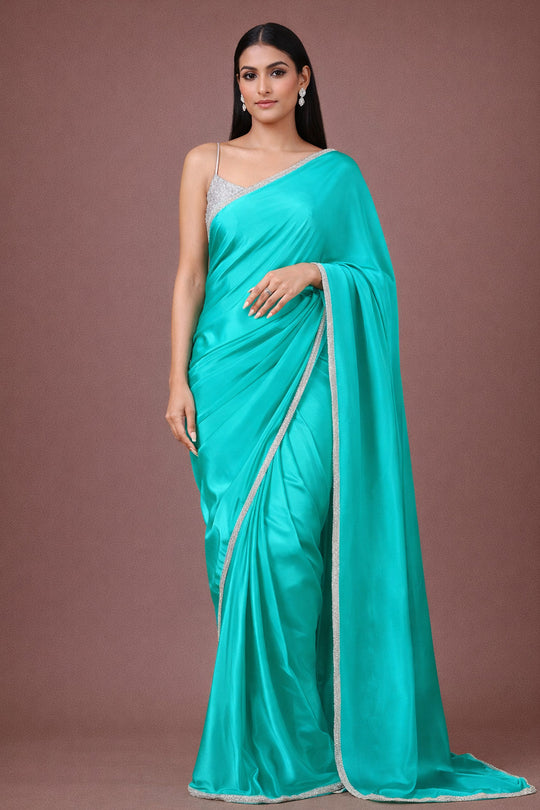 Elina Turquoise Satin Embellished Border Saree One Minute Saree