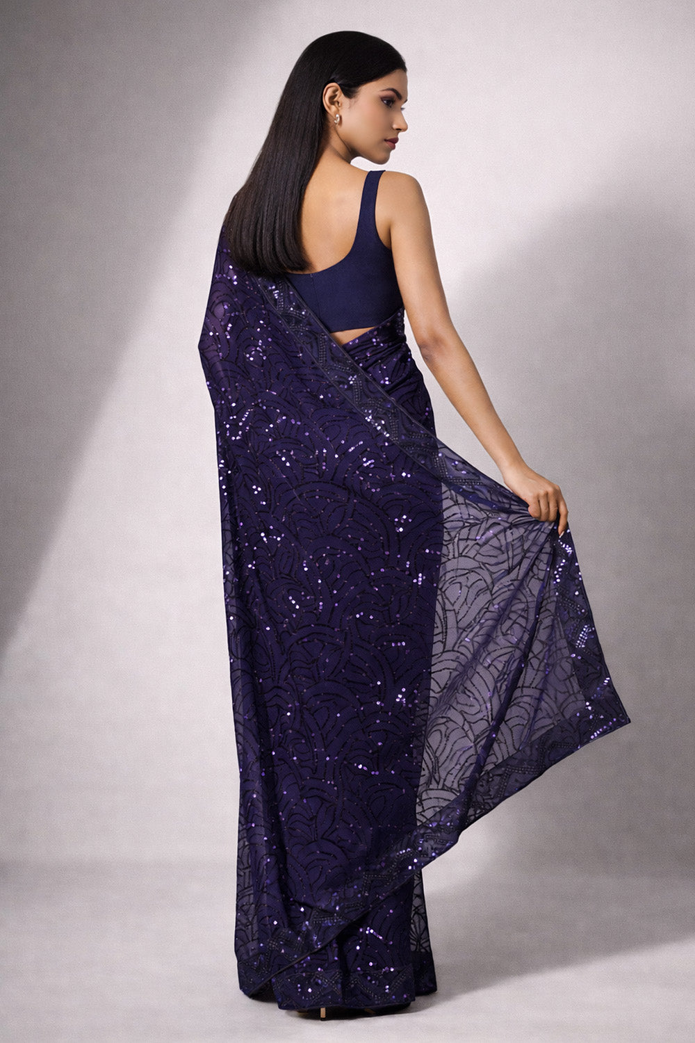 Nyris Navy Blue Georgette Sequins One Minute Saree