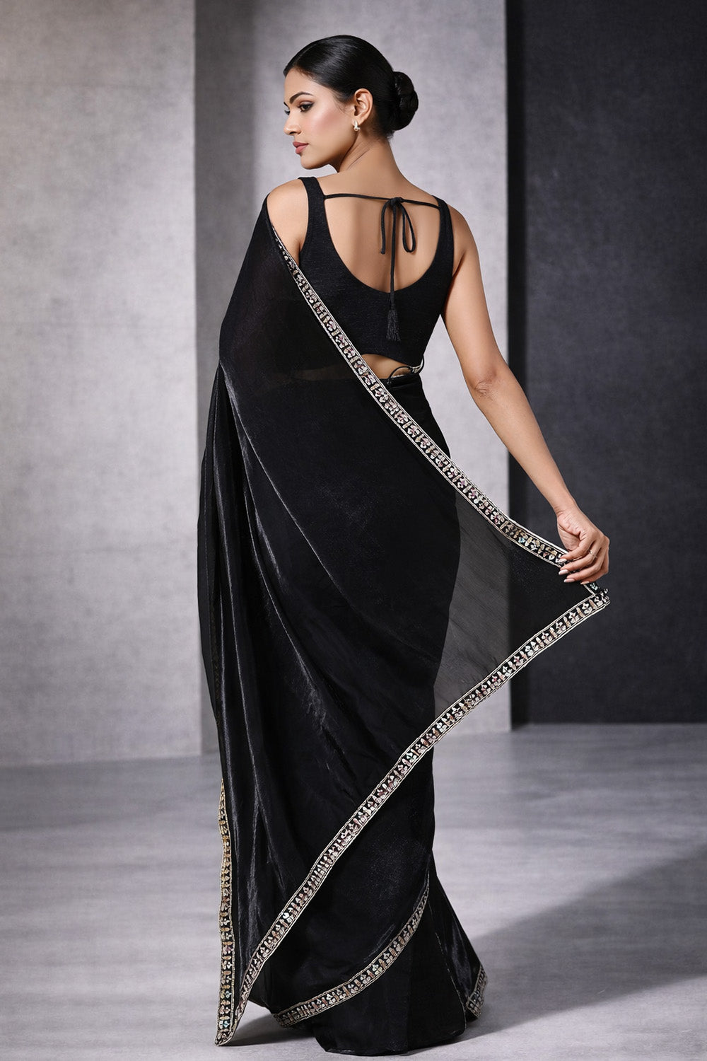 Anika Black Satin Silk Embellished Ready to Wear One Minute Saree