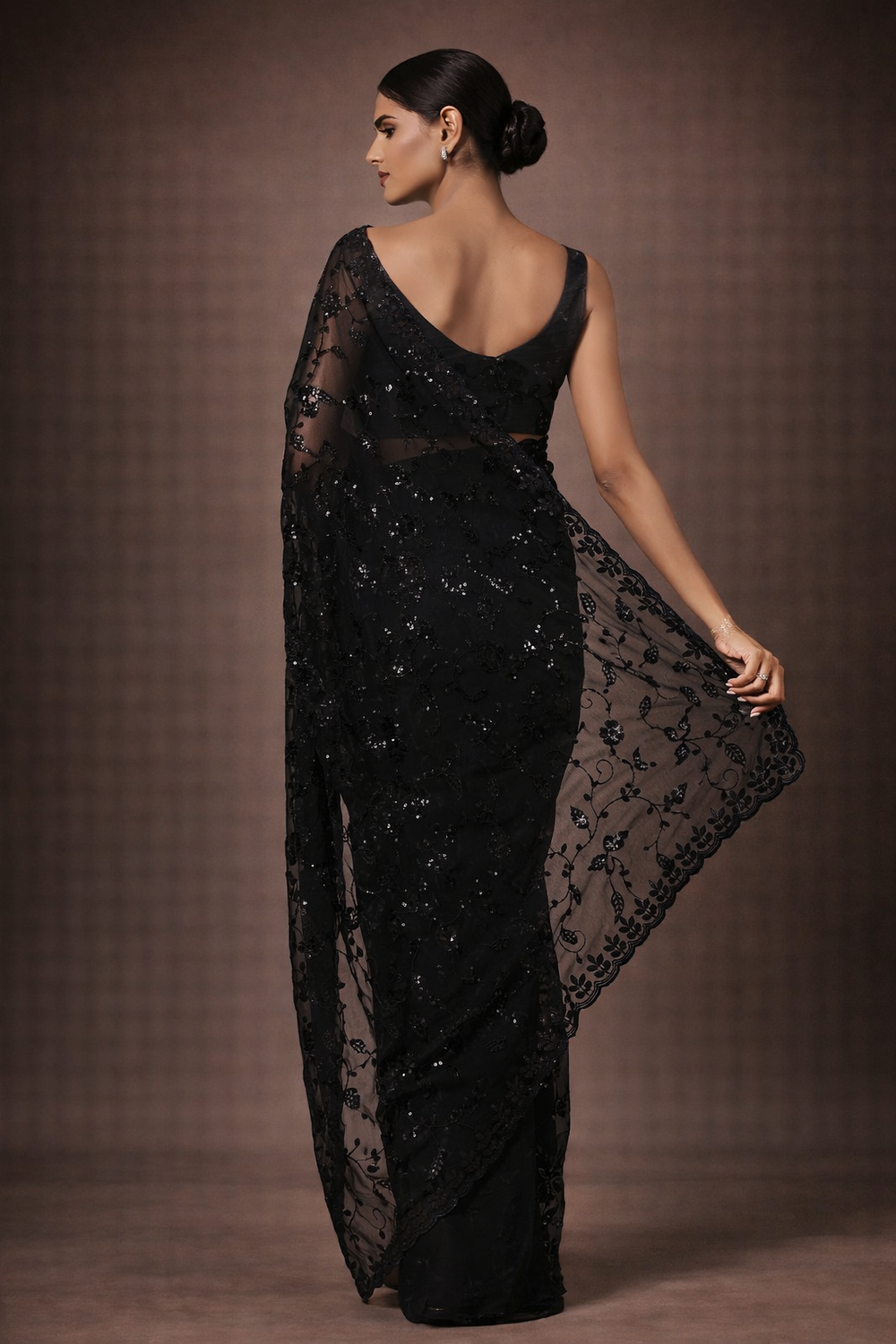 Daniella Black Floral Sequins Georgette Ready to Wear Saree