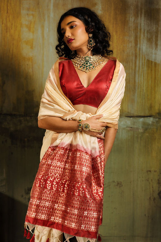 Sapna Cream Handloom Weaving Silk Ready to Wear Saree