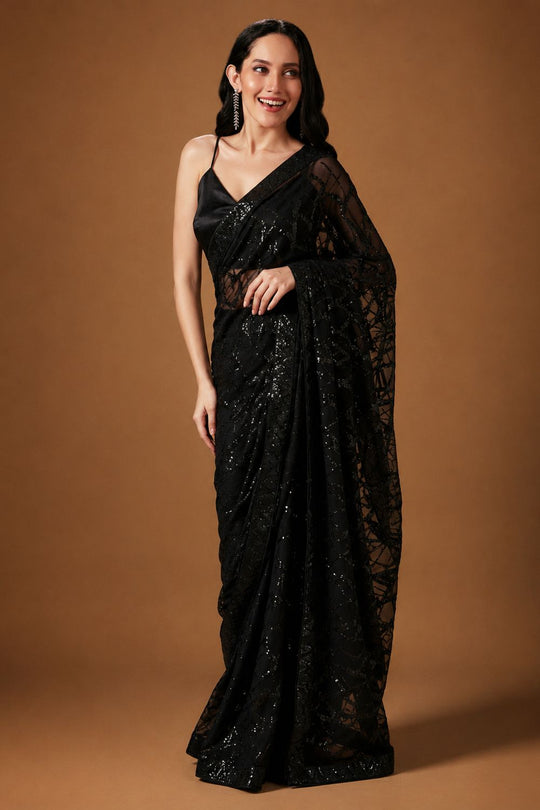 Sabina Black Georgette Thread &amp; Sequins Work Ready to Wear Saree