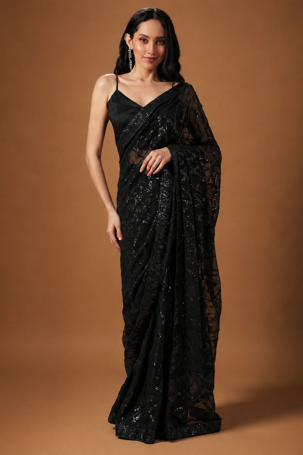 Sabina Black Georgette Thread &amp; Sequins Work Ready to Wear Saree