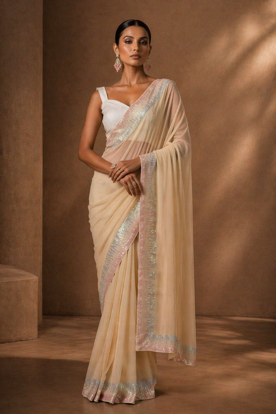 Mindy Beige Georgette Sequin Embroidered Ready to Wear Saree