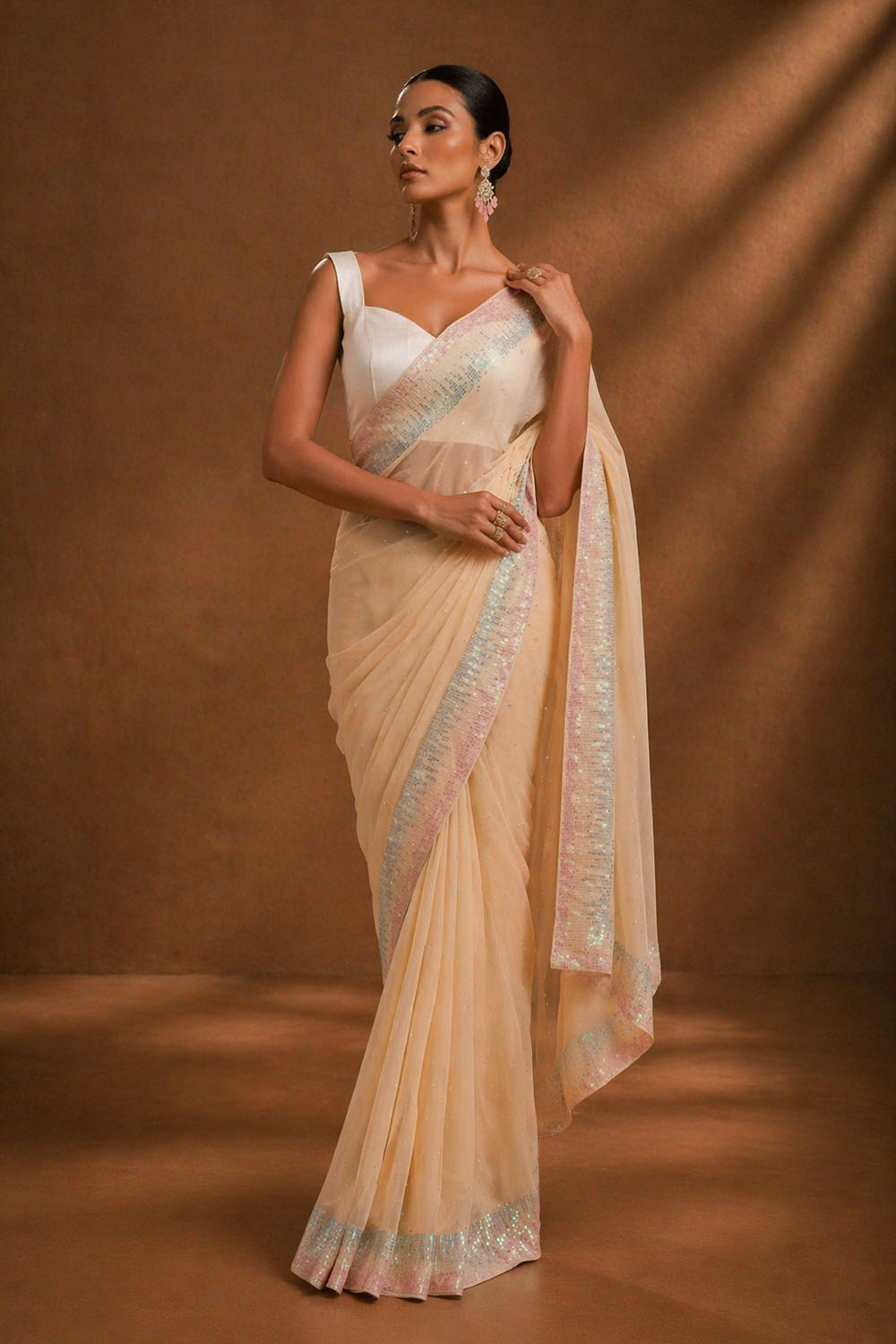 Mindy Beige Georgette Sequin Embroidered Ready to Wear Saree