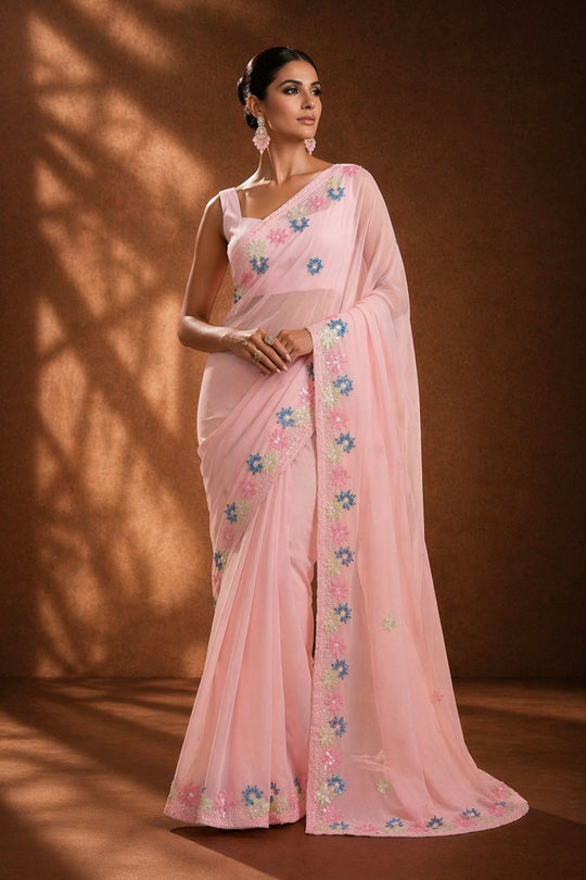 Peony Pink Georgette Floral Sequins Ready to Wear Saree