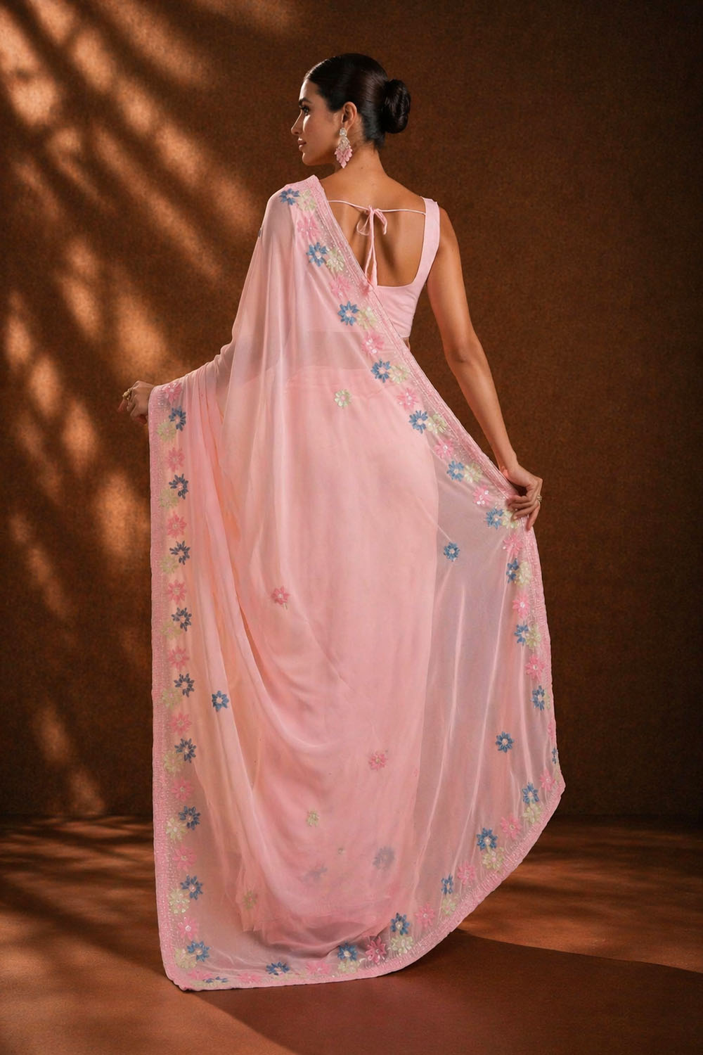 Peony Pink Georgette Floral Sequins Ready to Wear Saree