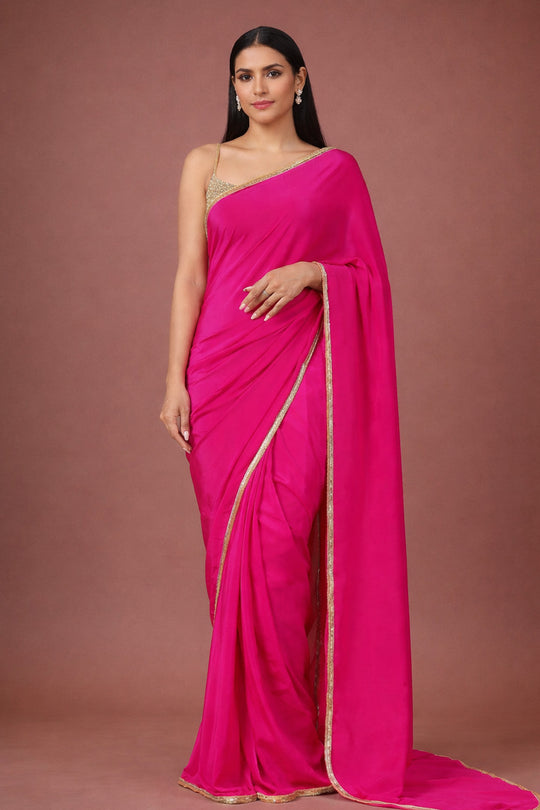 Prisha Pink Crepe Silk Saree with Embellished Border One Minute Saree
