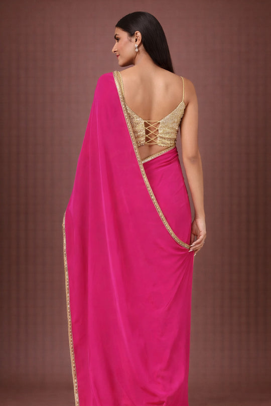 Prisha Pink Crepe Silk Saree with Embellished Border One Minute Saree