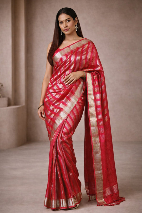 Jada Red Handloom Woven One Minute Saree